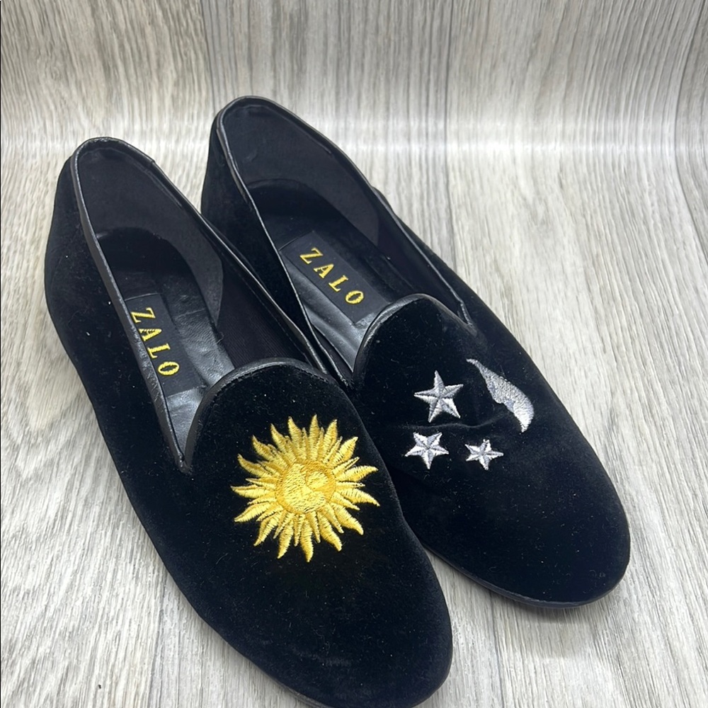 Zalo Black Velvet Embroidered Sun & Stars Flats